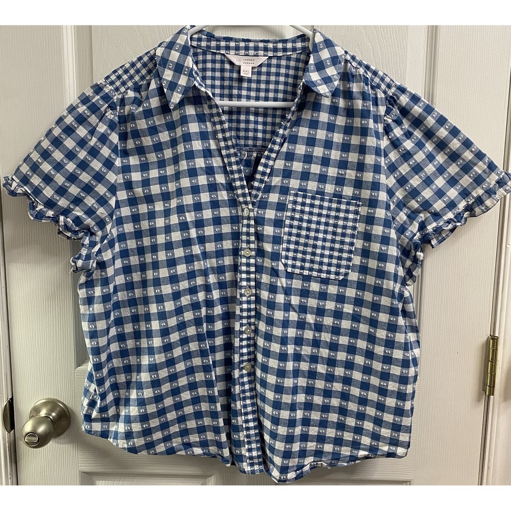 Lauren Conrad Womens Top Short Sleeve Button-up Checkered Tunic Blue&White XXL